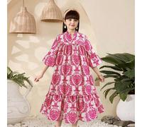 Robe d'été imprimée tout-sur-tout avec encolure échancrée pour filles pré-adolescentes, décontractée, pour vacances, jours fériés, voyages 8Y,9Y,10Y,11Y,12YFloral,Géométrique,PlantesPolyester