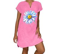 Robe d'été légère et aérée pour femme - Manches courtes - Longueur genou - En lin - Imprimé floral - Mini robe d'été en mousseline - Col en V - Coton et lin, Rose, M