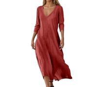 Robe d'été légère et aérée pour femme - Robe de plage longue bohème - Manches 3/4 - Col en V - Robe maxi - Ligne A - Élégante robe de vacances - Robe de loisirs - Robe midi en mousseline, rouge, M