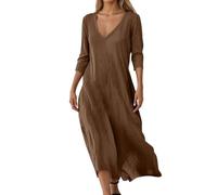 Robe d'été légère et aérée pour femme - Robe de plage longue bohème - Manches 3/4 - Col en V - Robe maxi - Ligne A - Élégante robe de vacances - Robe de loisirs - Robe midi en mousseline, café, XL