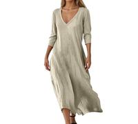 Robe d'été légère et aérée pour femme - Robe de plage longue bohème - Manches 3/4 - Col en V - Robe maxi - Ligne A - Élégante robe de vacances - Robe de loisirs - Robe midi en mousseline, kaki, S