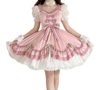 Robe d'été Lolita Rose à Manches Bouffantes et nœud pour Filles Tenue de Cocktail de Remise de diplôme Style Kawaii à Volants pour Adolescentes (Rose,TG)