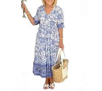 Robe d'été Longue élégante à col en V et Manches Courtes pour Femmes, Robe d'été sans Manches à col en V pour Femmes 2024, Robes décontractées Taille Haute, Robe Longue Fluide à Ligne A (Blau,XL)