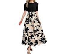Robe d'été longue élégante pour femme - Robe maxi - Robe trapèze - Manches courtes - Col rond - Robe de plage - Taille haute - Vêtement d'été bohème - Robe florale - Robe portefeuille - Robe tunique