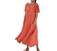 Robe d'été longue en lin pour femme - Robe d'été en coton et lin - Couleur unie - Robe chemisier en coton et lin - Robe trapèze - Manches courtes - Col rond - Robe de plage en lin - Robe maxi avec