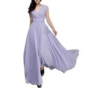 Robe d'été longue en mousseline de soie pour femme - Manches courtes - Col en V - Robe d'invité de mariage - Swing A - Robe en mousseline de soie - Robe maxi festive - Grande taille - Robe de bal sexy