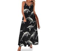 Robe d'été longue pour femme - Vacances 2025 - Imprimé dauphins noirs - Robe de plage maxi à bretelles spaghetti, multicolore, Taille XL