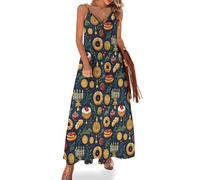 Robe d'été longue pour femme - Vacances 2025 - Jaune - Imprimé bougies alimentaires - Bretelles spaghetti - Robe d'été maxi pour la plage, multicolore, Taille M