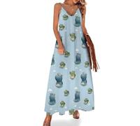 Robe d'été longue pour femme - Vacances 2025 - Joli hippopotame imprimé crocodile bretelles spaghetti - Robe d'été longue de plage, multicolore, Taille XL