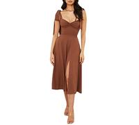 Robe d'été mi-longue fendue avec bretelles à nouer pour femmes, couleur unie, à imprimé floral, sans manches, à volants, style rétro, trapèze (marron, taille S), marron