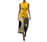 Robe d'été mi-longue pour femme, élégante, chic, col rond, sans manches, taille haute, style enveloppant, tendance, art abstrait, imprimé, légère pour tir, cocktail, fête, robe de plage d'été, Jaune