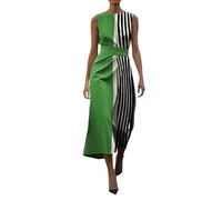 Robe d'été mi-longue pour femme, élégante, chic, col rond, sans manches, taille haute, style enveloppant, tendance, art abstrait, imprimé, légère pour tir, cocktail, fête, robe de plage d'été, Vert #6