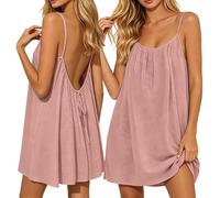 Robe d'été midi en lin pour femme - Avec cordon de serrage - Dos nu - Mini robe aérée - Bretelles spaghetti - Robe décontractée pour vacances et salon