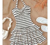 Robe d'été mini pour préadolescentes, avec buste plissé élastique, nœud au cou, volants, peut être portée à l'intérieur ou à l'extérieur, robe rayée noir et blanc 7Y,8Y,9Y,10Y,11Y,12Y,13YRayéPolyester