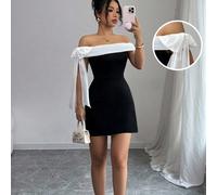 Robe d'été modeste à épaules dénudées ajustée avec accent nœud bicolore, pour sortir L,M,S,XL,XSBlocs de couleurÉtoffe