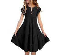 Robe d'été noire pour enfants - Double couche - Manches flottantes - Robe trapèze fluide - Robe mi-longue décontractée avec dégradé de couleur - Pour fille - Avec bretelles, Noir , 8-9 ans