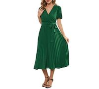 Robe d'été plissée à manches courtes et col en V pour femme - Robe longue plissée blanche, Vert, 8-9ans(130 cm)