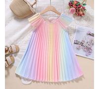 Robe d'été plissée confortable à manches raglan à col rond avec design dégradé pour jeune fille, style casual pour vacances 6Y,7Y,4Y,5YOmbré,Rayures arc-en-ciel,Tout ImpriméTissu tissé