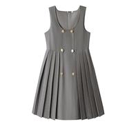 Robe d'été plissée sans manches avec boutons pour filles et adolescentes, tenue décontractée de couleur unie pour fête, vacances, gris, 11-12 ans