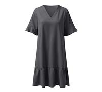 Robe d'été plissée taille haute pour femmes - Manches courtes - Jupe courte - Vacances - Mariage - Robe tendance - Avec manches - Pour les vacances à la mer qui cachent la graisse du ventre, gris