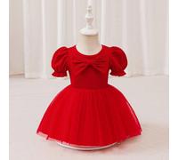 Robe d'été pour bébé fille à manches courtes bouffantes, robe en maille côtelée rouge avec nœud, en tulle, convenant pour le quotidien, les fêtes, les rassemblements et diverses occasions, montrant un
