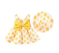 Robe d'été pour bébé fille de 6 à 12 mois - Sans manches - Robe de princesse - Robe d'anniversaire avec chapeau - Ornement nœud - Imprimé à pois - Robe cami mignonne - Robe décontractée, jaune, 70