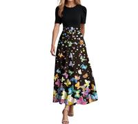 Robe d'été pour femme 2025 avec imprimé floral - Design enveloppant - Ourlet à volants - Robe maxi en forme de A - Manches courtes pour une élégance détendue, Noir , XL