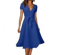 Robe d'été pour femme 2025 - Style décontracté et élégant - Couleur unie - Col en V - Manches courtes - Imprimé floral - Robe longue pour femme, bleu, M
