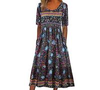 Robe d'été pour femme à manches courtes et col rond, style bohème avec imprimé floral, robe midi trapèze, coupe décontractée, poches pour les loisirs et la plage, B04 Blu, M