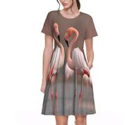 Robe d'été pour femme avec imprimé flamant rose 3D - Col rond décontracté à manches courtes - Robe de plage ample avec poches, 3D, L