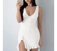Robe d'été pour femme avec jupe à pompons et bretelles - Col en V - Pour le quotidien et les vacances - Blanc XL