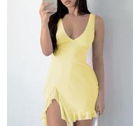 Robe d'été pour femme avec jupe à pompons et bretelles - Col en V - Pour le quotidien et les vacances - Jaune XL