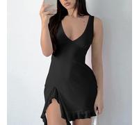 Robe d'été pour femme avec jupe à pompons et bretelles - Col en V - Pour le quotidien et les vacances - Noir XL