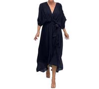 Robe d'été pour Femme Boho Maxi à Lacets avec Pompon col en V évasé à Volants Robes de Plage Décontractée San Manches Robe Longue Ete Boheme Maxi Dress de Soirée Élegante Cocktail Chic Pas Cher
