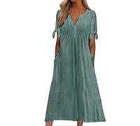 Robe d'été pour femme Boho - Robe midi d'été pour femme - Robe élégante grande taille - Col en V - Robe décontractée - Robe de plage dégagée - Robe swing A-ligne - Robe avec poches - Robe en dentelle