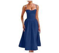 Robe d'été pour femme, bustier à bretelles, robe midi, corset fluide avec ourlet plissé, robe de plage à genou (Bleu, XL)