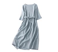 Robe d'été pour femme - Col en U - Robe de plage - Manches longues - Décontractée - Automne - Avec poches - Coton - Robe en toile - Littérature - Col rond - Manches mi-longues - Ceinture - Grande robe