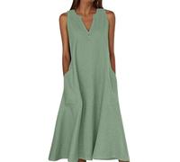 Robe d'été pour femme - Col en V et boutons - Sans manches - Style bohème - Avec poches - Couleur unie - Élégante - Robe de cocktail - Grande taille - Coupe trapèze fluide, Vert, XL