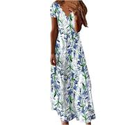 Robe d'été pour femme - Col en V - Manches courtes - Style décontracté - Robe tunique trapèze bohème - Robe longue élégante - Longueur cheville - Imprimé floral - Couverture de plage, Violet 1, S