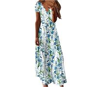Robe d'été pour femme - Col en V - Manches courtes - Style décontracté - Robe tunique trapèze bohème - Robe longue élégante - Longueur cheville - Imprimé floral - Couverture de plage, Bleu 1, L