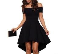 Robe d'été pour femme, couleur unie, épaules dénudées, avec manches courtes, mini robe ample avec large swing pour vacances, fête, quotidien, club, longueur régulière (XXXXL, noir)