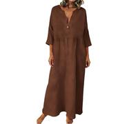 Robe d'été pour femme en coton et lin avec col en V et manches 3/4, coupe ample, robe décontractée, respirante, confortable, robe longue de couleur unie, robe d'été pour vacances, voyage, quotidien