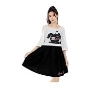 Robe d'été pour femme et fille, imprimé lapin mignon, deux pièces, robe trapèze à manches mi-longues, robe trapèze décontractée, noir/blanc, 40
