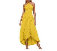 Robe d'été pour femme - Longue encolure fluide - Robe midi froncée - Avec taille smockée - Pour le quotidien, les rendez-vous, la plage - Robe surdimensionnée pour femme, jaune, L