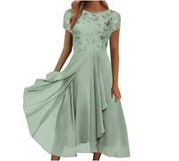 Robe d'été pour femme - Longueur genou - En mousseline - Sexy - Col en V - Manches courtes - Taille haute - Vintage - Robe de mariée élégante - Robe de cocktail unie, T28-vert, XXL