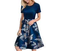 Robe d'été pour femme - Longueur genou - Manches courtes - Motif floral - Robe d'été courte - Coupe ample - Taille haute - Robe tunique avec ceinture - Robe florale, bleu foncé, XL