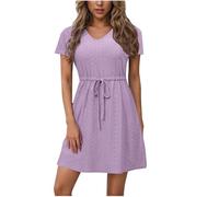 Robe d'été pour femme - Longueur genou - Mini robe à manches courtes - Broderie - Robe tunique - Col en V - Avec fente - Élégante couleur unie - Robe de plage respirante - Ligne A, Violet, L