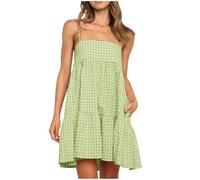 Robe d'été pour femme - Longueur genou - Robe à carreaux - Ligne A - Épaules dénudées - Élégante - Mini robe spaghetti - Sans manches - Plissée - Robe de plage légère - Robe d'été décontractée avec