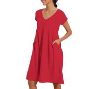 Robe d'été pour femme, longueur genou, robe en lin légère et fluide avec manches courtes, col en V, couleur unie, robe de plage trapèze avec poches, Rouge, L