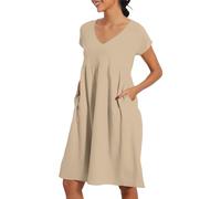 Robe d'été pour femme, longueur genou, robe en lin légère et fluide avec manches courtes, col en V, couleur unie, robe de plage trapèze avec poches, beige, L
